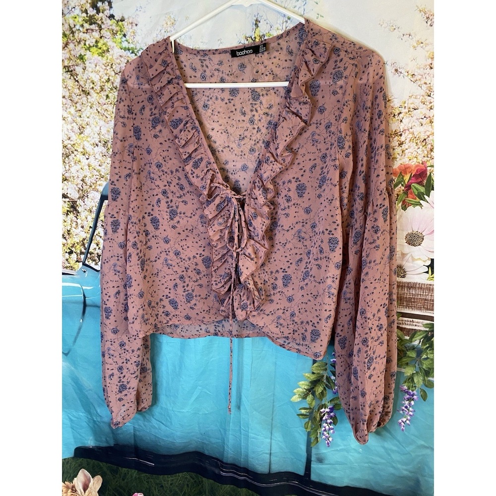 Tie Crop Top Balloon Sleeve Sheer Floral Size 4